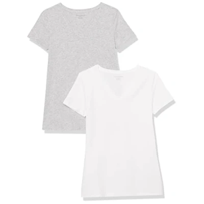 Abbildung von Amazon Essentials Damen Kurzärmeliges T Shirt mit V Ausschnitt, Klassischer Schnitt, 2er Pack, Hellgrau Meliert/Weiß, XXL