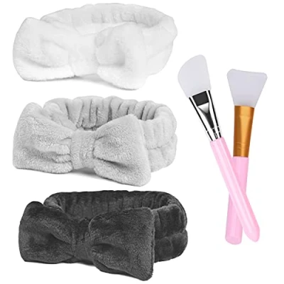 Abbildung von URAQT Haarband Kosmetik, 3 Stück Make up Headband mit 2 Stücke Silikonpinsel, Elastic Spa Abschmink Haarbänder Damen, Stirnband Kosmetik Zum Waschen Gesicht Für Yoga Sport Hautpflege