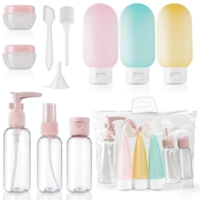 Abbildung von 11 Stück Reiseflaschen Set Silikon Kosmetikflaschen 30/50/60/80ml, Zum Befüllen Toilettenartikel, Reise Zubehör Enthält Pumpspender Shampoo, Transparente Sprühflasche, Kleine Creme Dosen