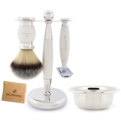 Abbildung von Jag Shaving Kit Ivory Set for Men and Women Synthetic Brush Double Edge Safety Razor Stand Bowl Leather Case