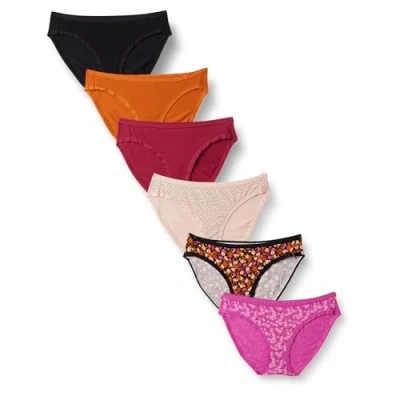 Abbildung von Amazon Essentials Damen Bikinihose aus Baumwolle (in Übergröße erhältlich), 6er Pack, Floral/Mehrfarbig/Punkte, 44