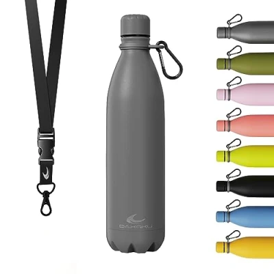 Abbildung von Daikoku Edelstahl Wasserflasche 100% Auslaufsicher Hält 12 Stunden Heiß, 24 Kalt BPA Frei und Gesund Modische Farbe, Ideal für Alltag Outdoor Grau 750 ML