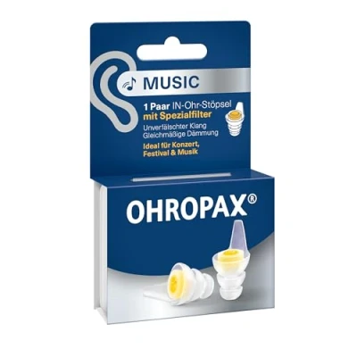 Abbildung von OHROPAX Music Ohrstöpsel mit Spezialfilter unverfälschter Klang bei gleichmäßiger Dämmung Schalldämmwert SNR 19 dB ideal für Konzerte 1 Paar eingesetztem Filter + kleineres Stöpselpaar