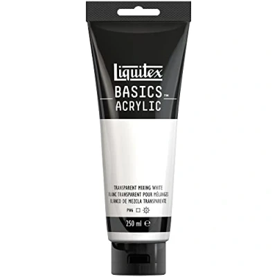 Abbildung von Liquitex 88700243 Basics Acrylfarbe, monopigmentierte Künstlerpigmente, lichtecht, mittlere Viskosität, Archivqualität, seidenglänzender Finish, 250ml Tube Mischweiß Transparent