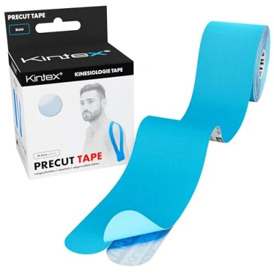 Abbildung von Kintex Kinesiologie Tape vorgeschnitten, 20 Streifen á 25 cm x 5 cm, PreCut Tape, hautfreundlich, wasserfest, für Sport &amp; Physiotherapie (Blau)