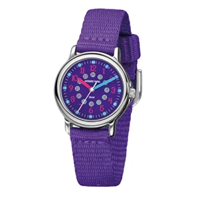 Abbildung von JACQUES FAREL Kinder Armbanduhr Lernuhr Mädchen Analog Quarz mit Textilband extra weich Violett Lila KCF 089