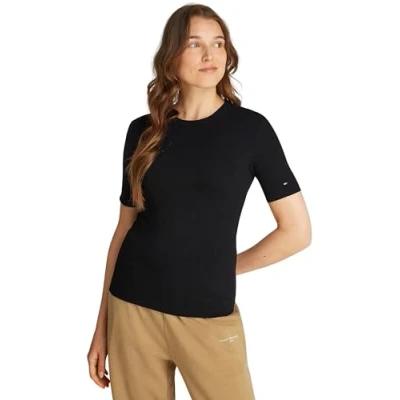 Abbildung von Tommy Hilfiger Damen T Shirt Kurzarm Rib Rundhalsausschnitt, Schwarz (Black), L
