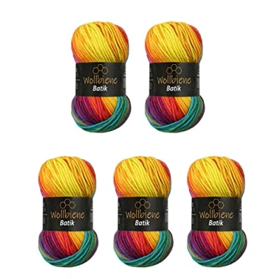 Abbildung von 5 x 100g Wollbiene Batik 500 Gramm Wolle mit Farbverlauf mehrfarbig Multicolor Strickwolle Häkelwolle (5910 regenbogen)
