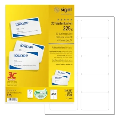 Abbildung von SIGEL LP799 bedruckbare Karten, 400 Stück (40 Blatt A4), hochweiß, abgerundete Ecken, Visitenkarten, Blanko Spielkarten zum Beschriften, glatter Schnitt, 225 g, 85x55 mm, nachhaltiges Papier