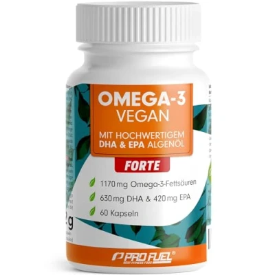 Abbildung von Omega 3 vegan FORTE 60 Kapseln 2000 mg Algenöl pro Tag hochdosiert mit 630mg DHA + 420 EPA vegane DHA:EPA Verhältnis 3:2 laborgeprüft Analyse Zertifikat
