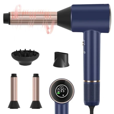 Abbildung von PARWIN PRO BEAUTY Air Sonic Föhn, HD LED Anzeige Fön, Haartrockner mit 110,000RPM Bürstenlosem Geräuscharm Motor, 2x 32mm Auto Wrap Curler, 25M/S Luftstrom für Schnelle Trocknung （Preußischblau）