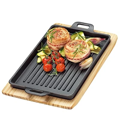 Abbildung von Küchenprofi BBQ Grillpfanne Gusseisen gerillt auf Holzbrett, eckig, 32 x 22 3,5 cm, Feuerstelle, alle Herdarten inkl. Induktion, Servierpfanne 0305351026