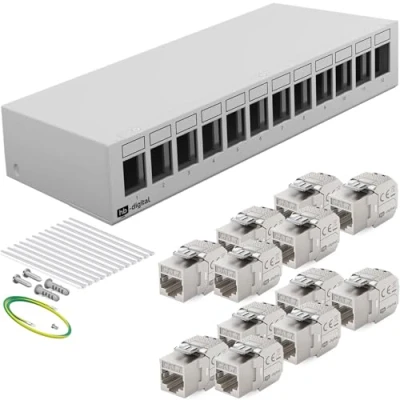 Abbildung von HB DIGITAL 12 Port Patchpanel Patchfeld Verteilerfeld 1 HE 12x CAT 7 RJ45 Keystone Jack Modul vollgeschirmt STP 10 Gbps Kompatibel mit Verlegekabel Netzwerkkabel Ethernet LAN Hellgrau