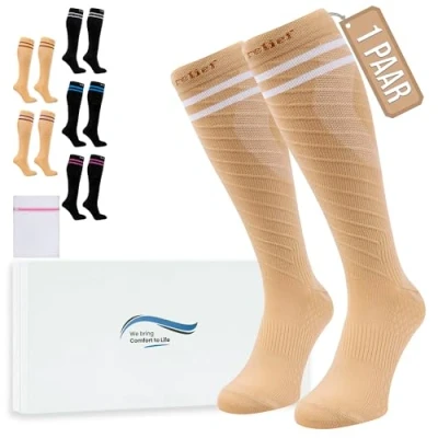 Abbildung von 360 Relief Kompressionsstrümpfe Klasse 1 für Damen und Herren 15 20 mmHg Stützstrümpfe langstreckenflug, Reise, Sports, Running, Laufen Paar Kompressionssocken L/XL Beige mit Wäschenetz