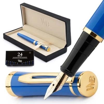 Abbildung von Wordsworth &amp; Black Füllfederhalter Set, breite 18 Karat Goldfeder, inklusive 24 Tintenpatronen, Kolbenkonverter und Geschenkbox, goldfarben, Kalligraphie, Kaiserblau