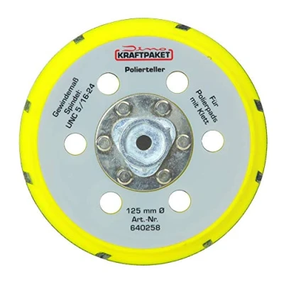 Abbildung von Dino KRAFTPAKET 640258 125mm Stützteller M8 mit Klett Polierteller für Exzenter Poliermaschine 950W 21/15mm, 900W 21/15/9mm Hub, Gelb