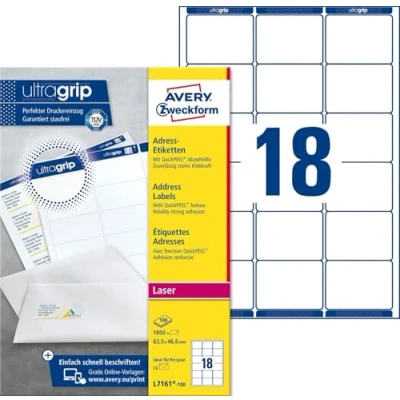 Abbildung von AVERY Zweckform L7161 100 Adressetiketten/Adressaufkleber (1.800 Etiketten mit ultragrip, 63,5x46,6mm auf A4, bedruckbar, selbstklebend, für DIN B6/C6 Briefkuverts, Papier matt) Blatt, weiß