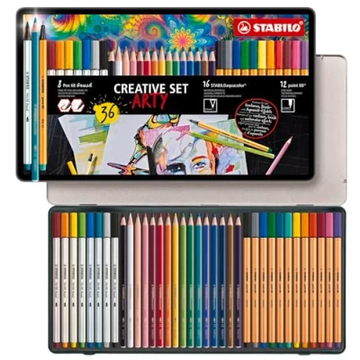 Abbildung von Fineliner, Premium Filzstift mit Pinselspitze &amp; Aquarell Buntstift STABILO point 88, Pen 68 brush aquacolor ARTY 36er Metalletui 12x 8x 16x