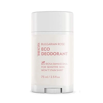Abbildung von Thracian™ Bio Bulgarisches Damaszener Rose Öko Deodorant mit Zinkoxid, für empfindliche Haut, aluminiumfrei, ohne Backpulver, alkoholfrei, Duftstoffe, 75 ml