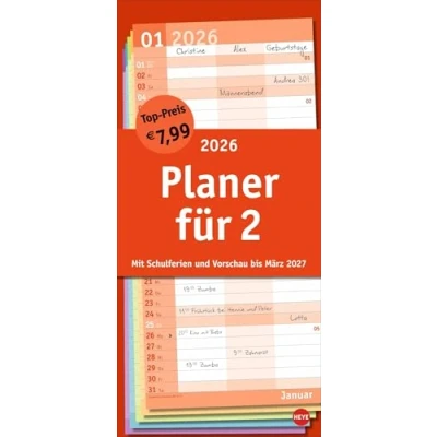 Abbildung von Basic Planer für zwei 2026: Praktischer Wandplaner 2 mit 3 Spalten. Wandkalender Schulferien und Monats Ausblick aufs Folgejahr. Terminkalender 2026 zum Eintragen. (Basic Heye)