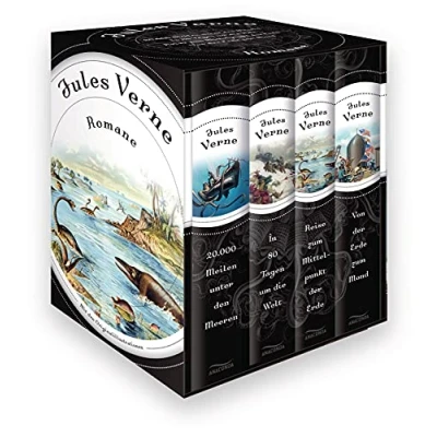 Abbildung von Jules Verne, Romane (20.000 Meilen unter den Meeren In 80 Tagen um die Welt Reise zum Mittelpunkt der Erde Von Mond) (4 Bände im Schuber)