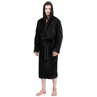 Abbildung von NY Threads Morgenmantel für Männer mit Kapuze, Kuschelig weich, Loungewear und Nachtwäsche (Schwarz, Mittel)