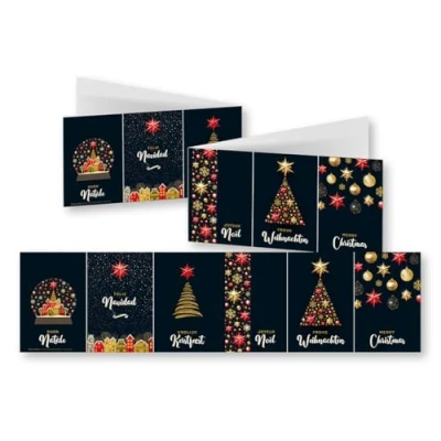 Abbildung von Edition Colibri 10 Weihnachtskarten im Panorama Format, mit Umschlag Set, Weihnachtskarte, Klappkarten edlem, klassischem Design in schwarz, rot, gold gehalten (11162)