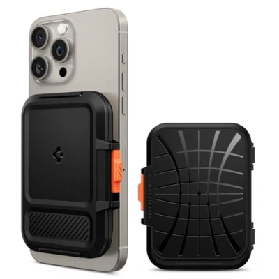 Abbildung von Spigen Lock Fit MagFit Magnetischer Kartenhalter Entwickelt für Magsafe mit Verschluss System Kompatibel iPhone 16/15/14/13/12 Modelle Wallet Schwarz