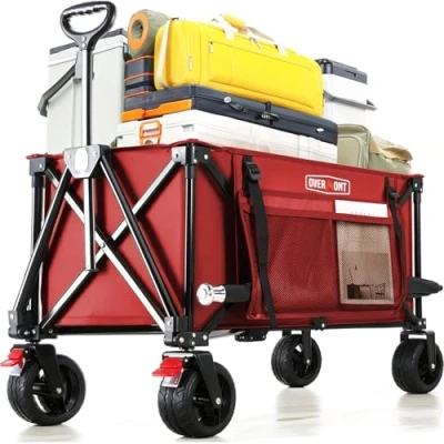 Abbildung von Overmont Faltbar Alle Gelände Bollerwagen 8,1CM Breite Räder 150I großes Fassungsvermögen mit Seitentaschen Getränkehalter Verstellbarem Griff bis 150 kg Tragkraft für Camping Sport Einkaufen