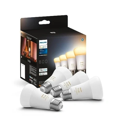 Abbildung von Philips Hue White &amp; Color Ambiance E27 LED Lampen 4 er Pack (806 lm), dimmbare Leuchtmittel für das Lichtsystem mit 16 Mio. Farben, smarte Lichtsteuerung über Sprache und App