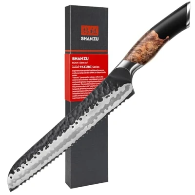 Abbildung von SHAN ZU Brotmesser mit Wellenschliff Profi 20 cm aus 7 Schichten Hochwertigem Rostfreiem Carbon Stahl, Extra Scharfe Messerklinge Ergonomischem Ahornholzgriff