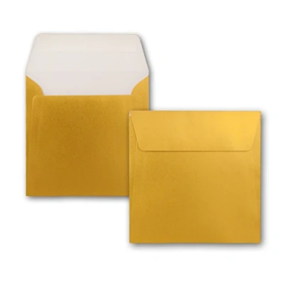 Abbildung von 50 Metallic Briefumschläge in Gold quadratisches Format 16 x cm metallisch glänzende Kuverts 90 Gramm/m² Haftklebung