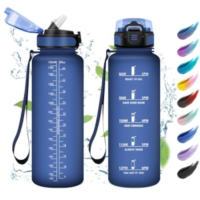 Abbildung von Trinkflasche 1.5L, Sport Wasserflasche mit Strohhalm, Motivierende Zeitmarkierung, Auslaufsicher, für Camping, Radfahren, Fahhrad, Outdoor, Erwachsene