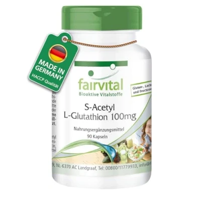 Abbildung von Fairvital S Acetyl L Glutathion 90 vegane Kapseln stabile Glutathionform hohe Bioverfügbarkeit Qualitätsgeprüft und hochdosiert Made in Germany