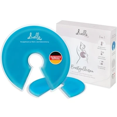 Abbildung von Livella Brustgelkissen 3in1 Kühlkissen &amp; Wärmekissen für die Brust Stillzeit Anwendbar mit Milchpumpe Entspannend Milchflussanregend Thermopads 2 Stück Schutzvlies