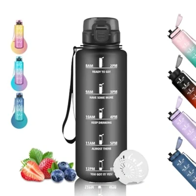 Abbildung von Trinkflasche 1 5 liter, Sport, Auslaufsicher, mit Zeitmarkierung, Kann Dir Tragen, Fitnessstudio, für Running, Camping, Wandern, Yoga, Schwarz