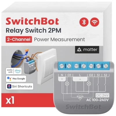 Abbildung von SwitchBot Wlan Schalter 2PM kompatibel mit Alexa/Apple Home/Google Home, Leistungsmessendes Relaisschaltmodul integriertem Bluetooth Repeater und Trockenkontakt, Wi Fi 2,4 GHz (Schalter 2), 16A