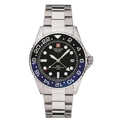 Abbildung von Swiss Alpine Military von Grovana Herrenuhr GMT Analog Quarz 7052 Edelstahl, Stahl/Schwarz/Blau/Schwarz 1132sam, Armband