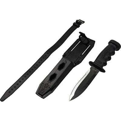 Abbildung von Cressi Supertotem Tauchmesser Rettungsmesser Bootsmesser mit Glatter/Gezahnter 12,4 cm Klinge aus Rostfreiem Stahl, Anatomisches Diving Knife, Tauchermesser + Scheide 2 Wadenriemen, 23,2