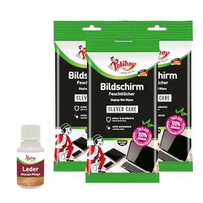 Abbildung von POLIBOY Bildschirm Feuchttücher Displayreiniger Putztücher Mit Antistatikeffekt 3x 30 Tücher Produktprobe Made in Germany