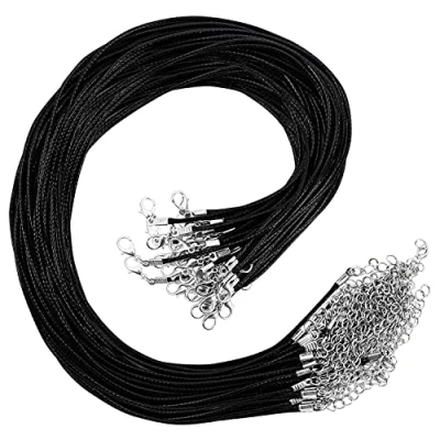 Abbildung von Kurtzy 50er Pack Schwarze Halsketten aus Gewachster Kordel mit Karabinerverschluss 48,5 cm Polyester Schnur für die Herstellung von Halsketten, Armbändern und Fußkettchen