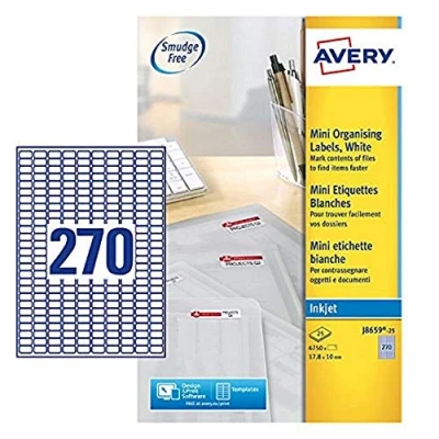 Abbildung von Avery Mini Etiketten für Tintenstrahldrucker 270 pro Blatt 17,8 x 10 mm 6750 weiß