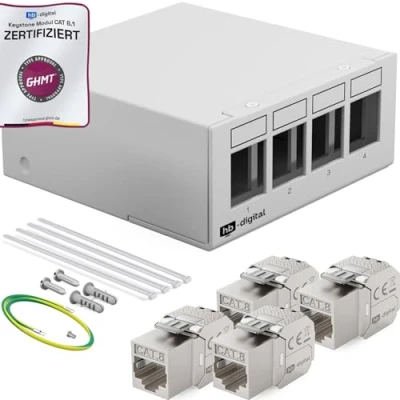 Abbildung von HB DIGITAL 4 Port Patchpanel Patchfeld Verteilerfeld 1 HE 4x CAT 8 RJ45 Keystone Jack Modul GHMT Zertifiziert vollgeschirmt STP 40 Gbps Kompatibel mit Verlegekabel Netzwerkkabel LAN Hellgrau