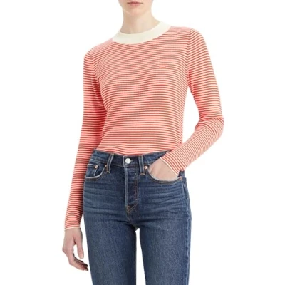 Abbildung von Levi&#039;s Damen Crew Rib Sweater Pullover Sweatshirt, Vanilla Stripe Flame Scarlet, S