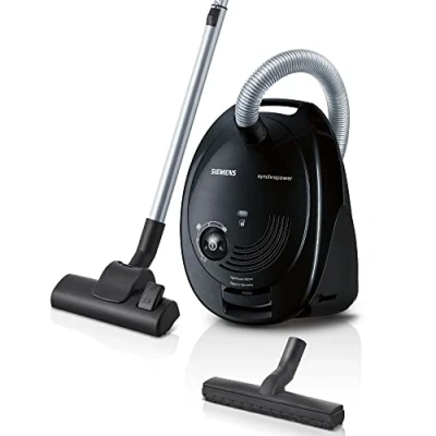 Abbildung von Siemens Staubsauger mit Beutel synchropower VS06B112A, Bodenstaubsauger, Hygiene Filter, Bodendüse für Parkett, Teppich, Fliesen, starke Saugleistung, langes Kabel, Fugendüse, 700 W, schwarz