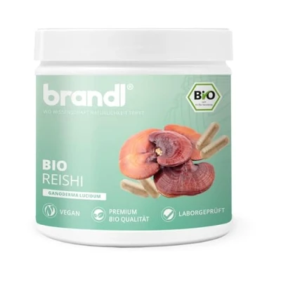 Abbildung von brandl® Bio Reishi Kapseln hochdosiert mit 1.300mg Pulver pro Dosis Pilz Abgefüllt in Deutschland, Vegan &amp; ohne Zusätze