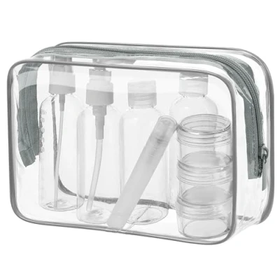 Abbildung von MOCOCITO Kulturbeutel durchsichtig und 8 Stück Reiseflasche Set (max.100ml) Kulturtasche für Flüssigkeiten Handgepäck Kosmetiktasche Reiseflaschen(Grau)