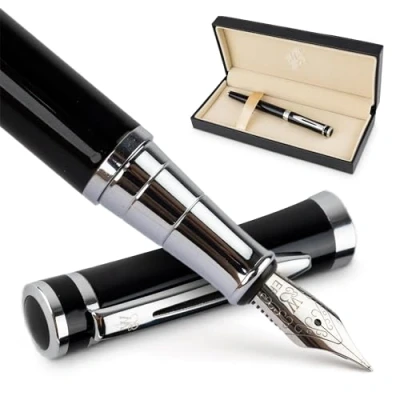 Abbildung von Wordsworth &amp; Black Füllfederhalter Set, Extra Fein Feder, Enthält 24 Tintenpatronen Und Tintennachfüllkonverter, Geschenketui, [Schwarz Chrom]