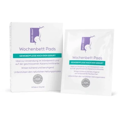 Abbildung von Multi Mam Wochenbett Pads Gewebepflege nach der Geburt für Intimbereich und Kaiserschnittnarben Intimpflege Damen Feuchte Gel Kühlung &amp; Linderung, ohne Duft oder Hormonstoffe 14er Pack