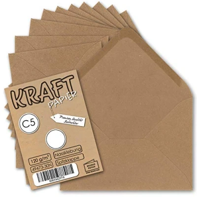 Abbildung von 50x Vintage Brief Umschläge DIN C5 Kraftpapier 120 g/m² 157 x 225 mm braun Recycling Nassklebung Spitzklappe I UmWelt by GUSTAV NEUSER®